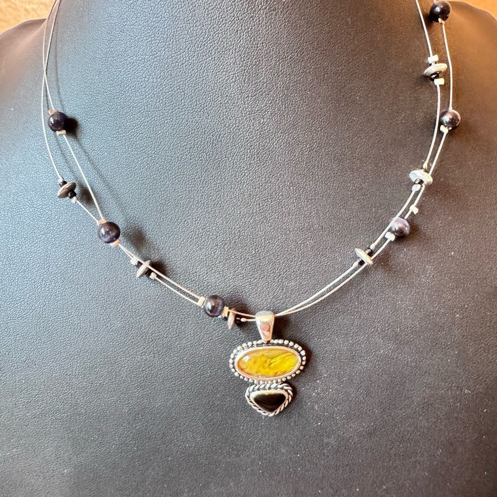 Vintage KC Signed Kenneth ColeWire Necklace Boho Yellow Black stone